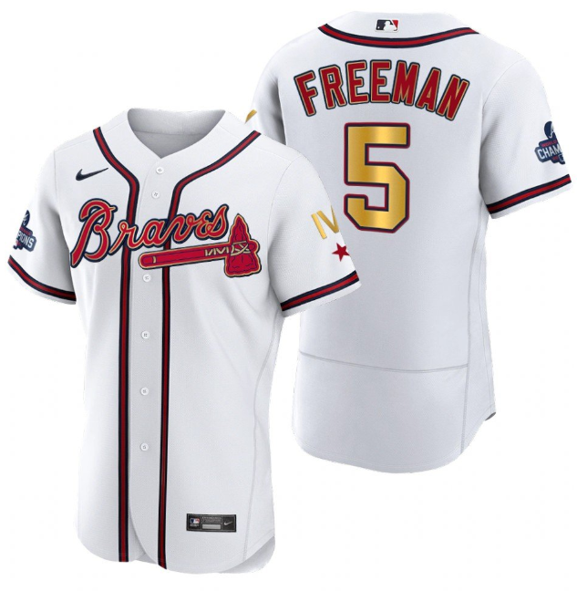 Men's Atlanta Braves #5 Freddie Freeman White Gold World Series Champions Flex Base Stitched Jersey Men's Atlanta Braves #5 Freddie Freeman White Gold World Series Champions Flex Base Stitched Jersey